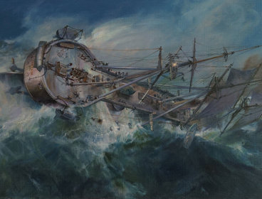 Oil painting depicting boat on stormy seas.