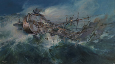 Oil painting depicting boat on stormy seas.