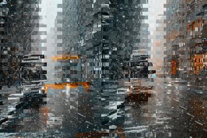 A bus on a street with snow falling