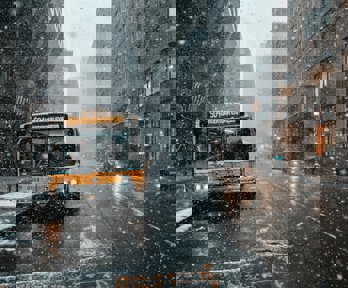 A bus on a street with snow falling