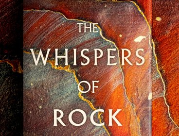 'The whispers of rock' book cover against red geological background.