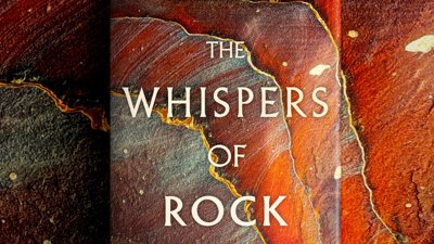 'The whispers of rock' book cover against red geological background.
