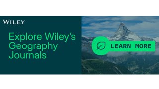 Banner promoting Wiley's Geography Journals with a mountain landscape and a green 'Learn More' button.