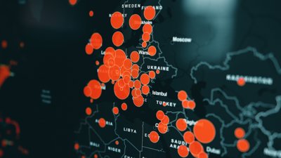 Digital map with varying sizes of orange circles