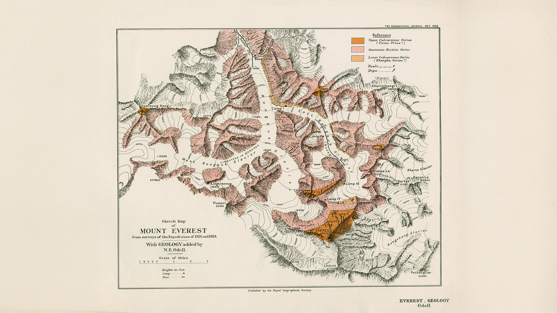 A sketch map of Mount Everest from surveys of the 1921 and 1924 expeditions, with geology added by N. E. Oddell.