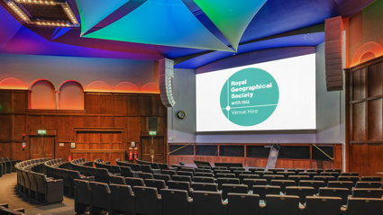 A side-shot of the Ondaatje Lecture Theatre from the front rows of seats. 