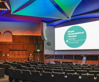 A side-shot of the Ondaatje Lecture Theatre from the front rows of seats. 