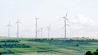 Green agricultural fields with windmills.