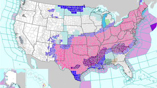 US map with weather warnings.
