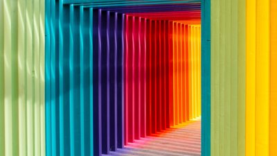 Corridor of colorful planks in the colours of a rainbow 