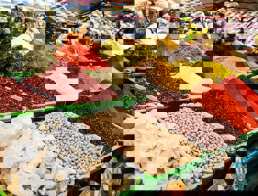 Colourful spice stall at a market in Tashkent, Uzbekistan.