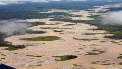 Aerial view of the Río Quito in the Chocó region of Colombia.