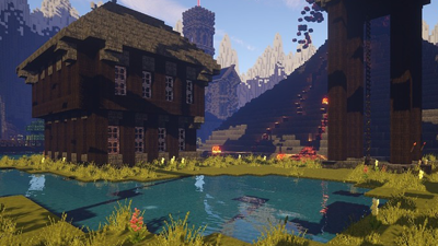 Minecraft house with pond