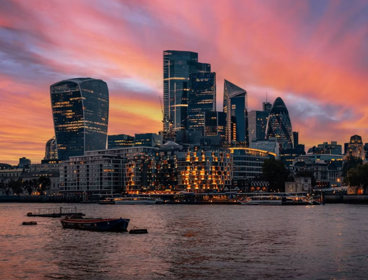 London skyline with sunset sky.