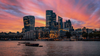 London skyline with sunset sky.