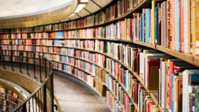 Books on brown wooden library shelves.
