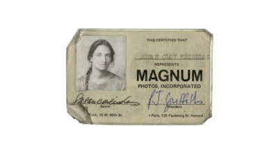 Old ID card stating that it certifies that Susan Meiselas represents Magnum Photos, incorporated, signed by Susan and the President.