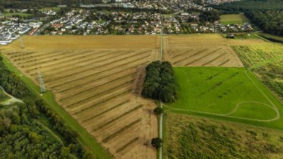 Farm land and a town viewed from above