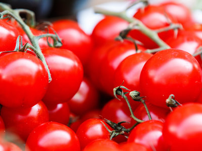 Bunches of small red tomatoes, some stalks are showing