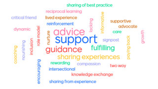 Wordcloud showing words associated with mentoring, including advice, support, knowledge exchange and more.