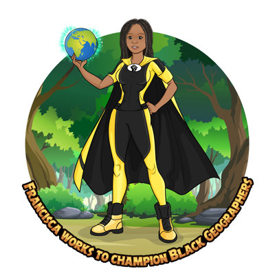 A female cartoon superhero dressed in yellow and black, under which there is a caption saying 'Francisca works to champion black geographers'