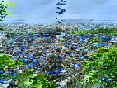 An aerial view over an informal settlement at the edge of a city