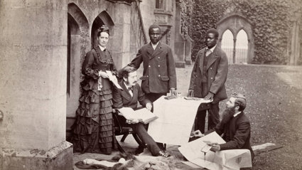 Tom and Agnes Livingstone, Abdullah Susi, James Chuma and Horace Waller, Newstead Abbey, England, June 1874.