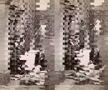 Photo of Tom and Agnes Livingstone, Abdullah Susi, James Chuma and Horace Waller, Newstead Abbey, England, June 1874