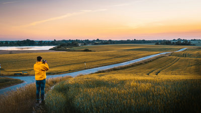 A person is taking a picture of a road which cuts through a field.