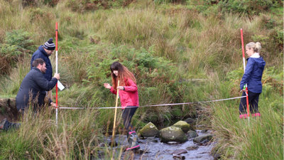 Three teachers in a grassy field assist a student, who is standing in a small stream, carrying out fieldwork research.