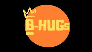 Orange circle with bold yellow text 'B-HUGs' and a small yellow crown above the letter B on a black background.