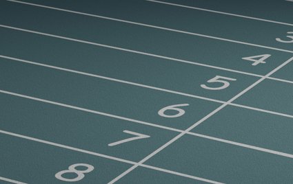 White numbers on a running track seen on a blue-green background