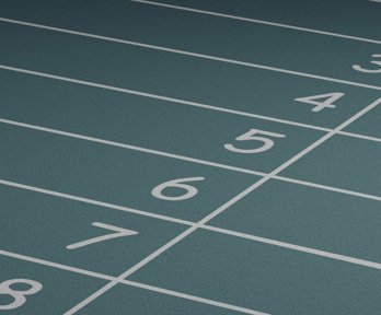 White numbers on a running track seen on a blue-green background