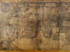 Part of a map by Matteo Ricci showing five continents and four oceans with China and the Pacific at the center.