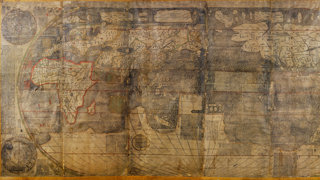 Part of a map by Matteo Ricci showing five continents and four oceans with China and the Pacific at the center