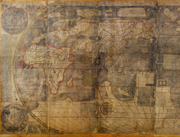 Part of a map by Matteo Ricci showing five continents and four oceans with China and the Pacific at the center.