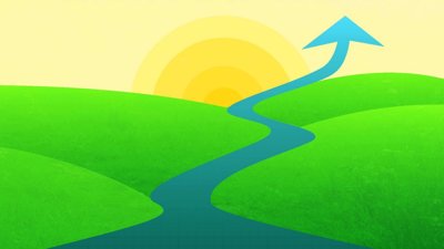 Book cover showing fields, sun and river transforming into arrow.