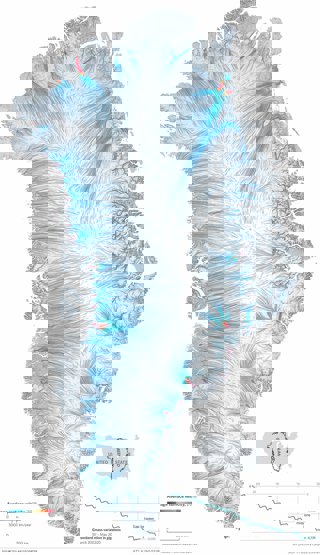 Visualisation showing the movement of ice on the Greenland ice cap, measured by average surface area velocity