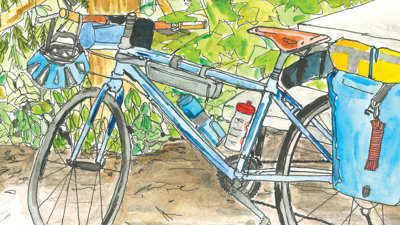 Colourful watercolour illustration of a bicylce.