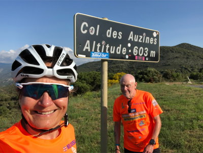 Two people standing by a road sign
