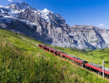 Red train in the Swiss Alps, with mountains behind and green fields in front.