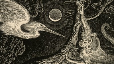 Illustration of a monkey and heron from Sybille Noel's 'The Magic Bird Of Chomo Lung Ma’.