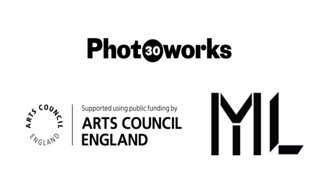 Logos of Arts Council England, ML and Photoworks in black and white.