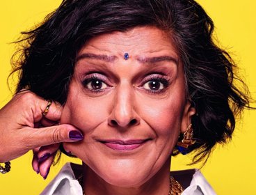 Meera Syal against bright yellow background.