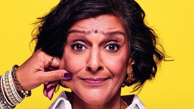 Meera Syal against bright yellow background.