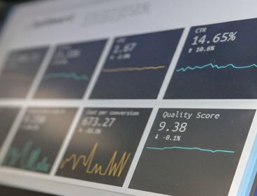 A data reporting dashboard on a laptop screen. Data is for illustrative purpose.