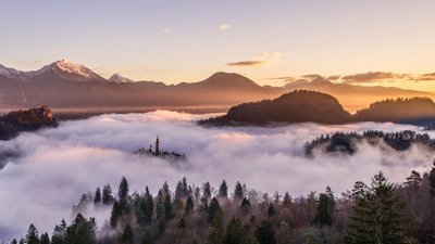Aerial photography of cloudy mountain, Bled, Slovenia.