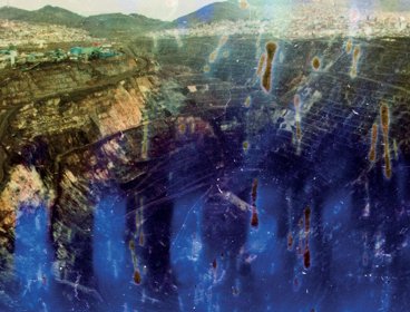 Photograph, titled 'Quiulacocha', of a quarry with a distressed effect.