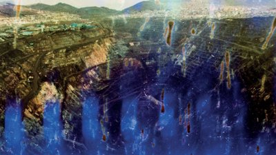 Photograph, titled 'Quiulacocha', of a quarry with a distressed effect.