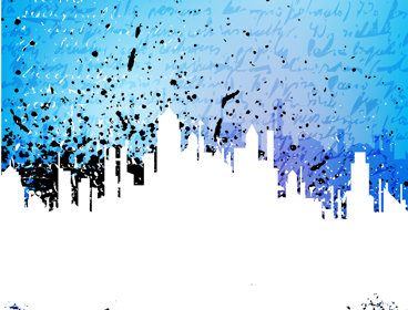 A graphic showing white buildings on a blue background